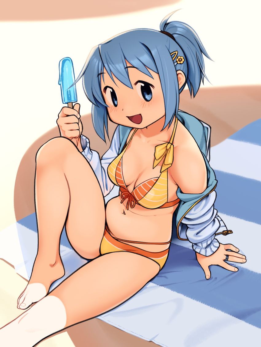 :d barefoot beach beach_towel bikini blue_eyes blue_hair blue_jacket breasts day female food gloamy high_ponytail highres jacket jewelry mahou_shoujo_madoka_magica miki_sayaka navel open_clothes open_jacket orange_bikini outdoors pinup_(style) popsicle ring sand sidelocks smile solo summer swimsuit towel