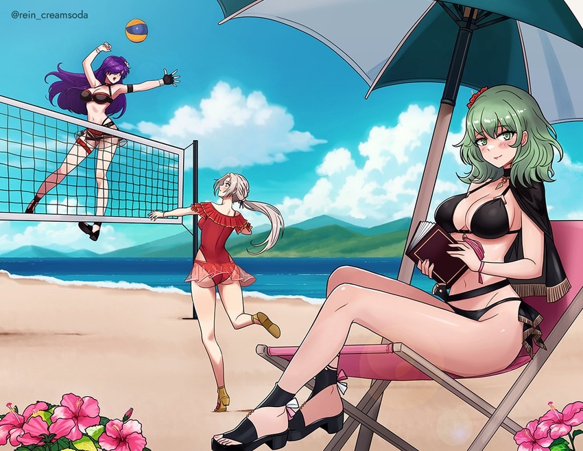 3girls ass beach blush breasts byleth_(female)_(fire_emblem) byleth_(female)_(summer)_(fire_emblem) byleth_(fire_emblem) casual_one-piece_swimsuit edelgard_von_hresvelg edelgard_von_hresvelg_(summer) enlightened_byleth_(female) fire_emblem fire_emblem:_three_houses fire_emblem_heroes fire_emblem_warriors:_three_hopes frilled_one-piece_swimsuit frills green_eyes green_hair multiple_girls official_alternate_costume one-piece_swimsuit outdoors purple_hair red_one-piece_swimsuit rein_creamsoda shez_(female)_(fire_emblem) shez_(female)_(summer)_(fire_emblem) shez_(fire_emblem) smile swimsuit umbrella volleyball white_hair