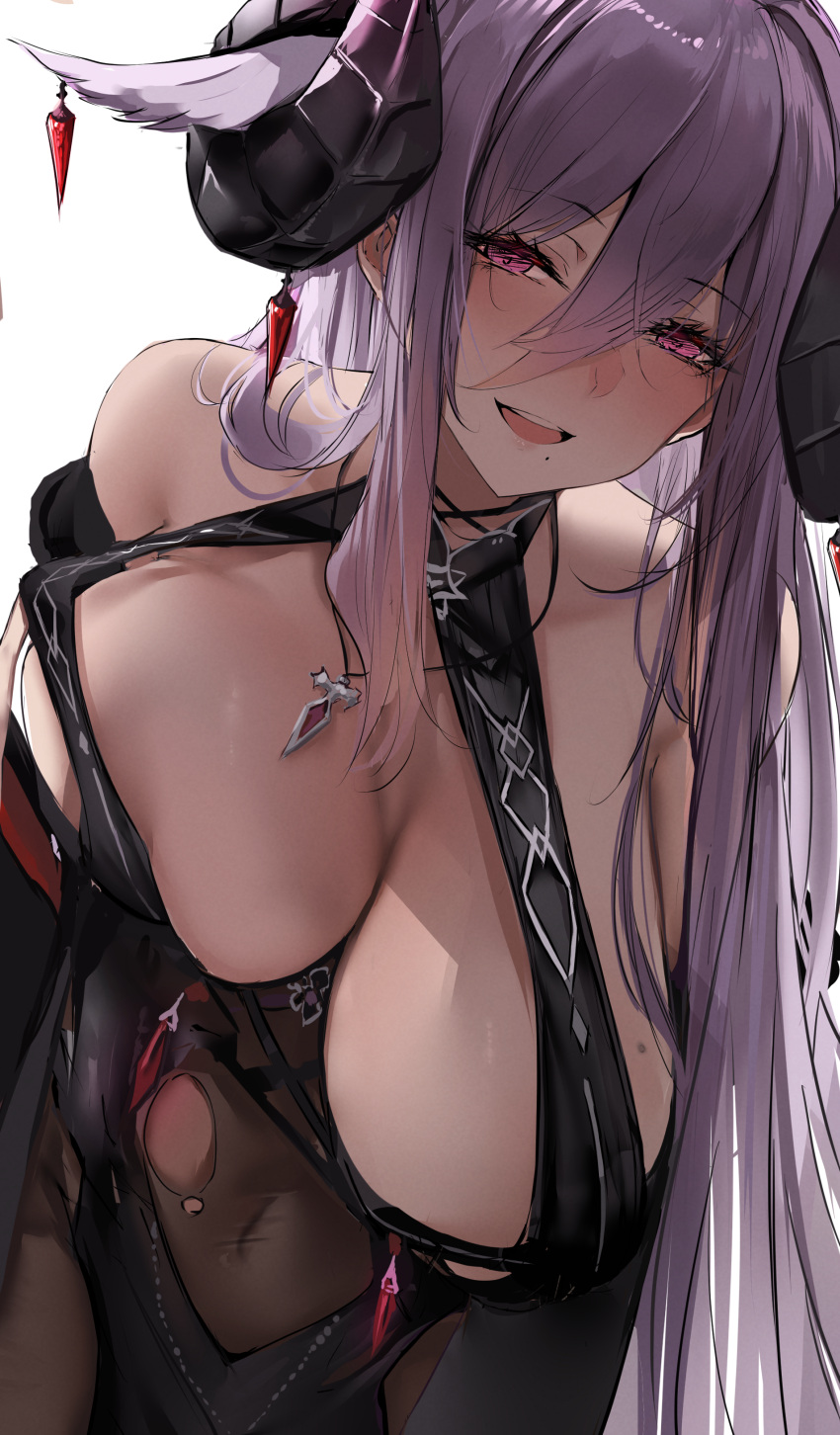 absurdres azur_lane bare_shoulders black_horns blush breasts covered_navel curled_horns female friedrich_carl_(azur_lane) highres horn_ornament horns huge_breasts jewelry liaowen long_hair looking_at_viewer mole mole_under_mouth necklace open_mouth purple_eyes purple_hair simple_background smile solo teeth upper_teeth_only white_background