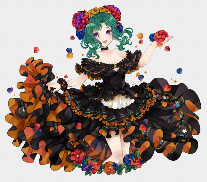 :d aqua_hair bare_shoulders black_choker black_dress blue_flower breasts choker cleavage clothes_lift collarbone colored_eyelashes dress dress_lift fate/grand_order fate_(series) female flower flower_wreath hair_intakes head_wreath highres holding holding_flower lifting_own_clothes medium_breasts medium_hair mexican_dress multicolored_flower off-shoulder_dress off_shoulder open_mouth orange_flower petals purple_eyes purple_flower red_flower salome_(fate) simple_background smile solo sumisu_(rinsumi) teeth upper_teeth_only white_background yellow_flower