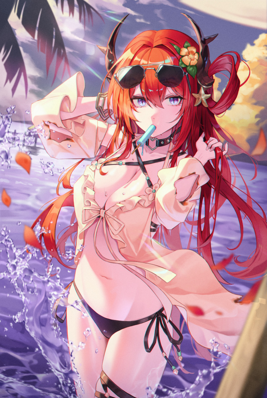 arknights arms_up bikini black_bikini blurry breasts burnt_clothes cleavage cowboy_shot criss-cross_halter demon_girl demon_horns depth_of_field eyewear_on_head fall_(aki) falling_petals female food food_in_mouth hair_intakes hair_ornament hair_rings halterneck highres horns large_breasts long_hair looking_at_viewer navel ocean official_alternate_costume outdoors petals popsicle popsicle_in_mouth purple_eyes red_hair red_petals side-tie_bikini_bottom slit_pupils solo star_(symbol) star_hair_ornament sunglasses surtr_(arknights) surtr_(colorful_wonderland)_(arknights) swimsuit swimsuit_cover-up thigh_strap thighs torn_clothes torn_sleeves water