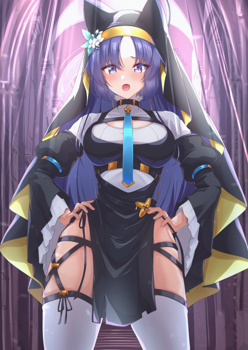 alternate_costume animal_ears blue_archive blue_necktie blush breasts church cosplay embarrassed female habit halo hand_on_own_hip hands_on_own_hips highres hinata_(blue_archive) hinata_(blue_archive)_(cosplay) kagin_(kagou_shita_nanika) looking_at_viewer mari_(blue_archive) mari_(blue_archive)_(cosplay) mixed_cosplay necktie nun solo thighhighs yuuka_(blue_archive)