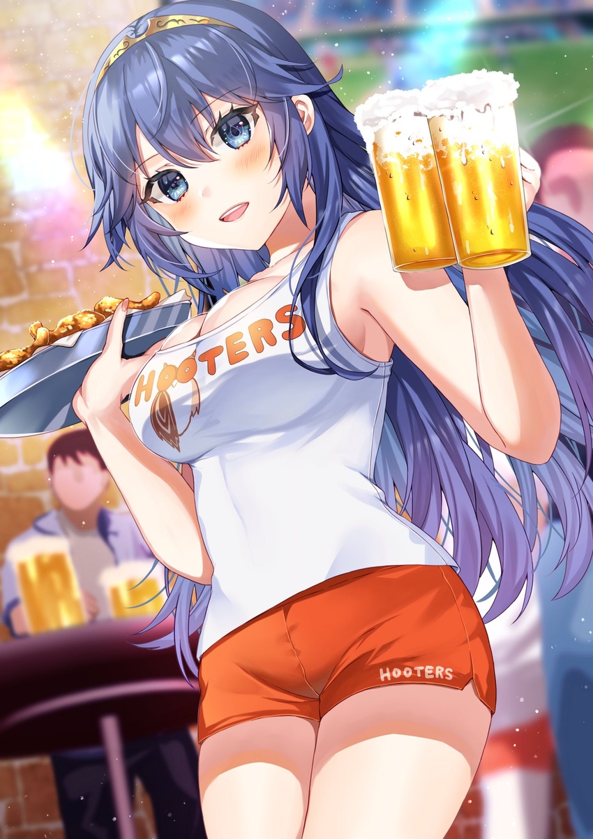 1boy alcohol alternate_breast_size alternate_costume beer blue_eyes blue_hair blurry blurry_background blush breasts chicken_(food) cleavage commission cowboy_shot cup female fire_emblem fire_emblem_awakening food highres holding holding_cup holding_tray hooters long_hair looking_at_viewer lucina_(fire_emblem) medium_breasts no_legwear open_mouth orange_shorts shirt short_shorts shorts skeb_commission sleeveless sleeveless_shirt symbol_in_eye teeth tiara tray upper_teeth_only white_shirt yam_(yamap_mako)