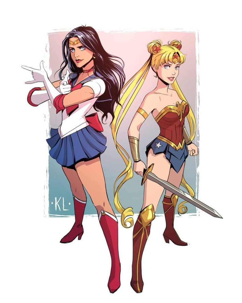 2girls \m/ bare_shoulders bishoujo_senshi_sailor_moon black_hair blonde_hair blue_skirt boots bracer clenched_hands cosplay costume_switch crossover dc_comics english_commentary headband high_heel_boots high_heels highres holding holding_sword holding_weapon kath_lobo long_hair looking_at_viewer magical_girl multiple_girls sailor_moon sailor_moon_(cosplay) sailor_senshi_uniform skirt superhero_costume sword tiara tsuki_ni_kawatte_oshioki_yo tsukino_usagi twintails very_long_hair weapon wonder_woman wonder_woman_(cosplay) wonder_woman_(series)