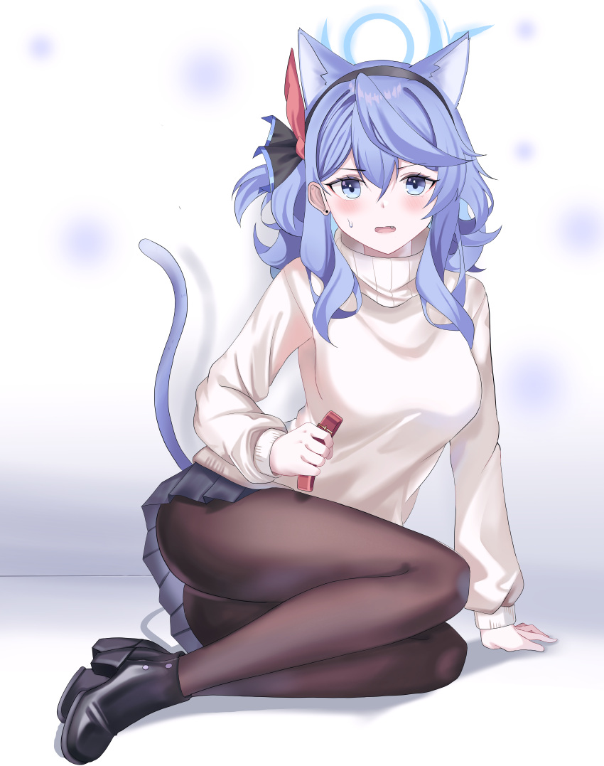 absurdres ako_(blue_archive) animal_ears arm_support black_footwear black_pantyhose black_skirt blue_archive blue_eyes blue_hair blush cake_walker cat_ears cat_tail collar extra_ears female full_body hair_between_eyes hair_ribbon halo high_heels highres holding holding_collar leaning_to_the_side legs_folded long_hair long_sleeves looking_at_viewer miniskirt open_mouth pantyhose pleated_skirt ribbon simple_background sitting skirt solo sweatdrop sweater tail turtleneck turtleneck_sweater white_sweater