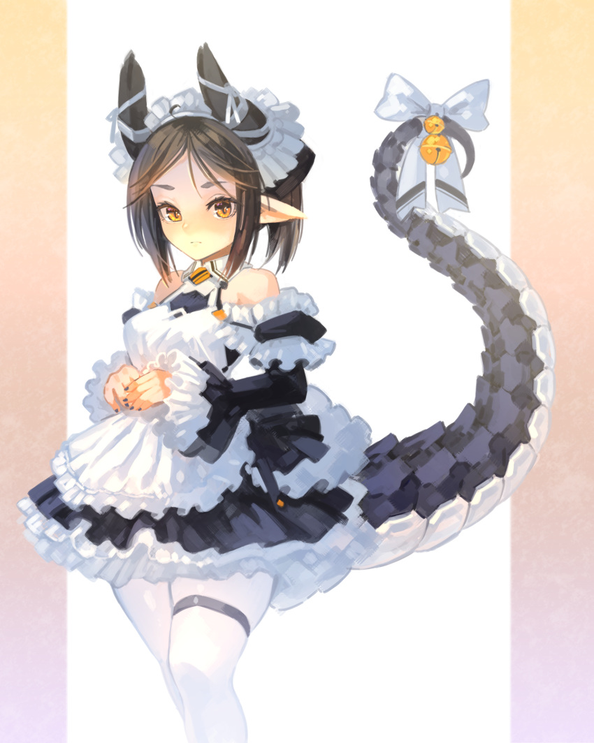 apron bell black_nails brown_hair commentary detached_sleeves female frilled_skirt frilled_sleeves frills highres horns long_sleeves maid maid_apron mechanical_tail original pointy_ears ponytail puribate_(helgoland) ribbon simple_background skirt solo tail tail_ornament tail_ribbon thigh_strap white_legwear white_ribbon yellow_eyes