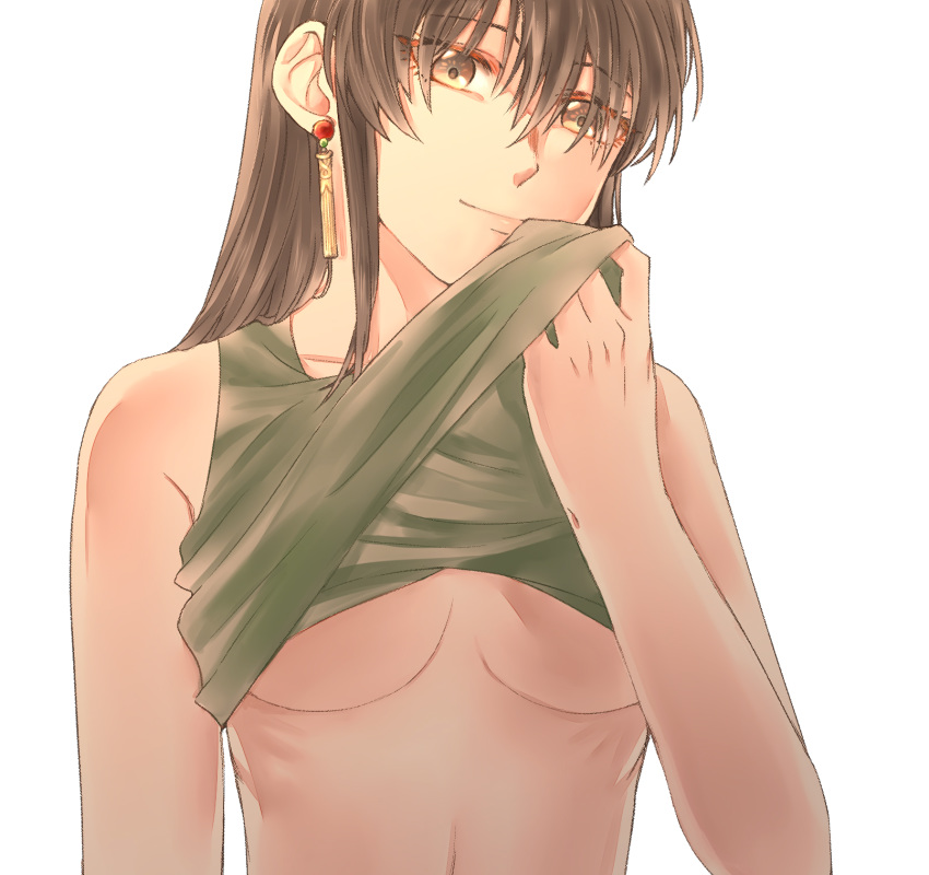 bai_lao_shu breasts brown_eyes brown_hair clothes_lift earrings female fire_emblem green_tank_top highres jewelry large_breasts long_hair mareeta_(fire_emblem) shirt_lift sidelocks smile tank_top upper_body white_background