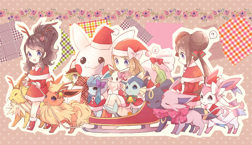 bell blonde_hair blue_eyes bow brown_hair christmas eevee espeon flareon flowers glaceon green_hair hat jolteon leafeon mei_(pokemon) n pikachu pokemon ponytail santa_costume santa_hat scarf serena_(pokemon) snowman sylveon torute touko_(pokemon) twintails umbreon vaporeon