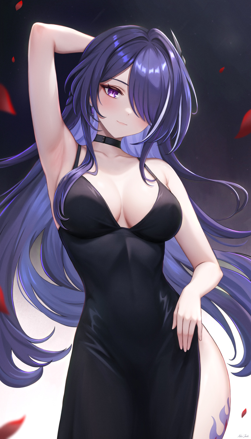 absurdres acheron_(honkai:_star_rail) alternate_costume arm_behind_head arm_up armpits bare_shoulders black_choker black_dress blue_eyes blue_hair breasts choker closed_mouth collarbone commentary cowboy_shot dress earrings english_commentary falling_petals female gradient_background hair_intakes hair_ornament hair_over_one_eye highres honkai:_star_rail honkai_(series) jewelry large_breasts leg_tattoo long_hair narijade petals side_slit simple_background sleeveless sleeveless_dress smile solo tattoo upper_body