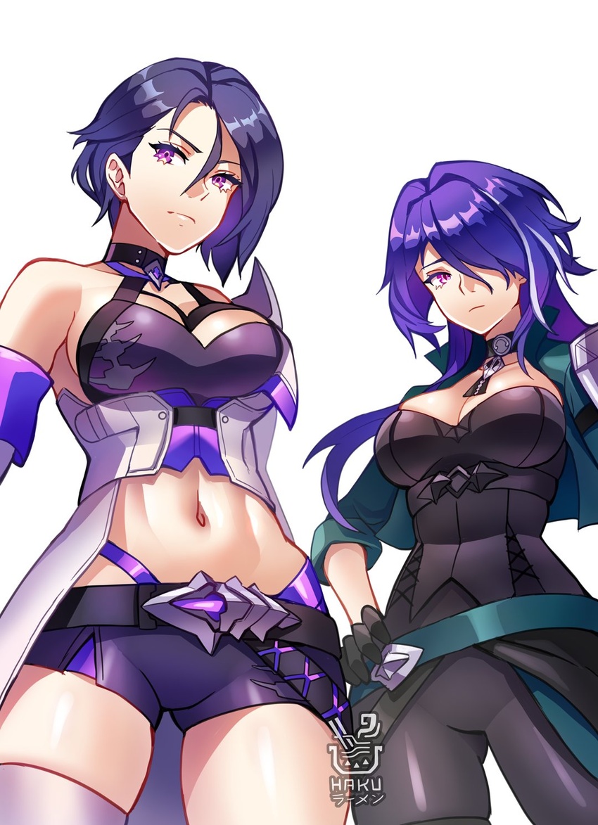 2girls acheron_(honkai:_star_rail) acheron_(honkai:_star_rail)_(cosplay) allegra_clark bare_shoulders belt black_belt black_choker black_gloves black_pants black_shirt breasts choker cleavage coat commentary cosplay costume_switch cropped_jacket crossover english_commentary fire_emblem fire_emblem:_three_houses gloves hair_over_one_eye hakuramen halterneck hand_on_own_hip highres honkai:_star_rail honkai_(series) jacket large_breasts leggings long_hair looking_at_viewer midriff multicolored_hair multiple_girls navel open_clothes open_jacket pants purple_eyes purple_hair shamir_nevrand shamir_nevrand_(cosplay) shirt short_hair simple_background stomach streaked_hair very_long_hair voice_actor_connection white_background white_coat