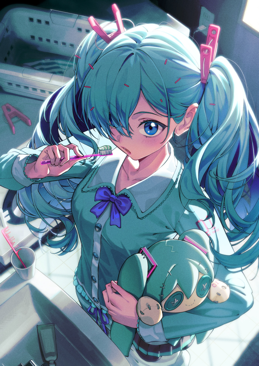 aqua_eyes aqua_hair blue_bow blue_bowtie blush bow bowtie breasts female green_pajamas hair_ornament hair_over_one_eye hatsune_miku highres indoors kabu_(niniko2ko) long_hair long_sleeves looking_at_viewer medium_breasts open_mouth pajamas solo stuffed_toy toothbrush twintails vocaloid