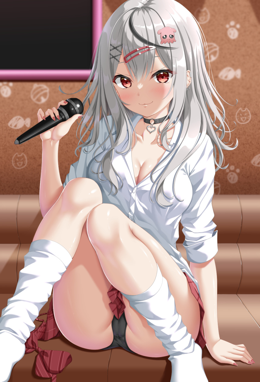 :3 ass black_choker black_panties blush bow bowtie breasts choker cleavage collarbone commentary_request diagonal-striped_bow diagonal-striped_bowtie diagonal-striped_clothes female grey_hair hair_ornament hairclip heart heart_choker heart_pendant highres holding holding_microphone hololive indoors karaoke kogarashi_tobi large_breasts long_hair looking_at_viewer microphone multicolored_hair o-ring o-ring_choker octopus_hair_ornament official_alternate_costume panties pink_nails plaid_clothes plaid_skirt red_eyes red_skirt sakamata_chloe sakamata_chloe_(gyarumata) shirt sitting skirt socks solo spiked_ear_piercing streaked_hair striped_clothes underwear unworn_bowtie virtual_youtuber white_shirt white_socks x_hair_ornament