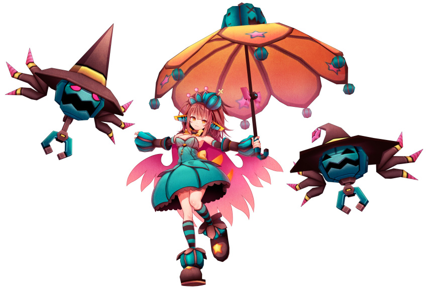 absurdres breasts brown_hair cleavage cosmic_break cross detached_sleeves dress female food-themed_hair_ornament frilled_dress frills hair_ornament hat highres holding holding_umbrella jack-o'-lantern leg_up long_hair looking_at_viewer medium_breasts official_art outstretched_arms parasol pepo_pucchi pepo_pucchi_torte pumpkin pumpkin_hair_ornament pumpkin_hat ribbon second-party_source smile socks solo striped_clothes striped_socks umbrella witch_hat yellow_eyes