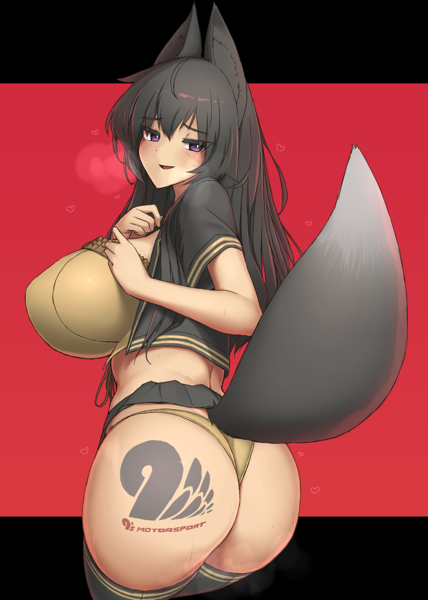 animal_ears ass_tattoo black_hair black_shirt black_skirt breasts bright_pupils female fox fox_ears fox_girl fox_tail heart heavy_breathing highres kanaya_azami large_breasts logo_tattoo long_hair makino_momiji_(artist) miniskirt number_tattoo open_clothes open_mouth open_shirt panties pleated_skirt purple_eyes race_queen shirt short_sleeves sideboob skirt striped_clothes striped_thighhighs tail tattoo thighhighs ukagaka underwear white_pupils yellow_panties