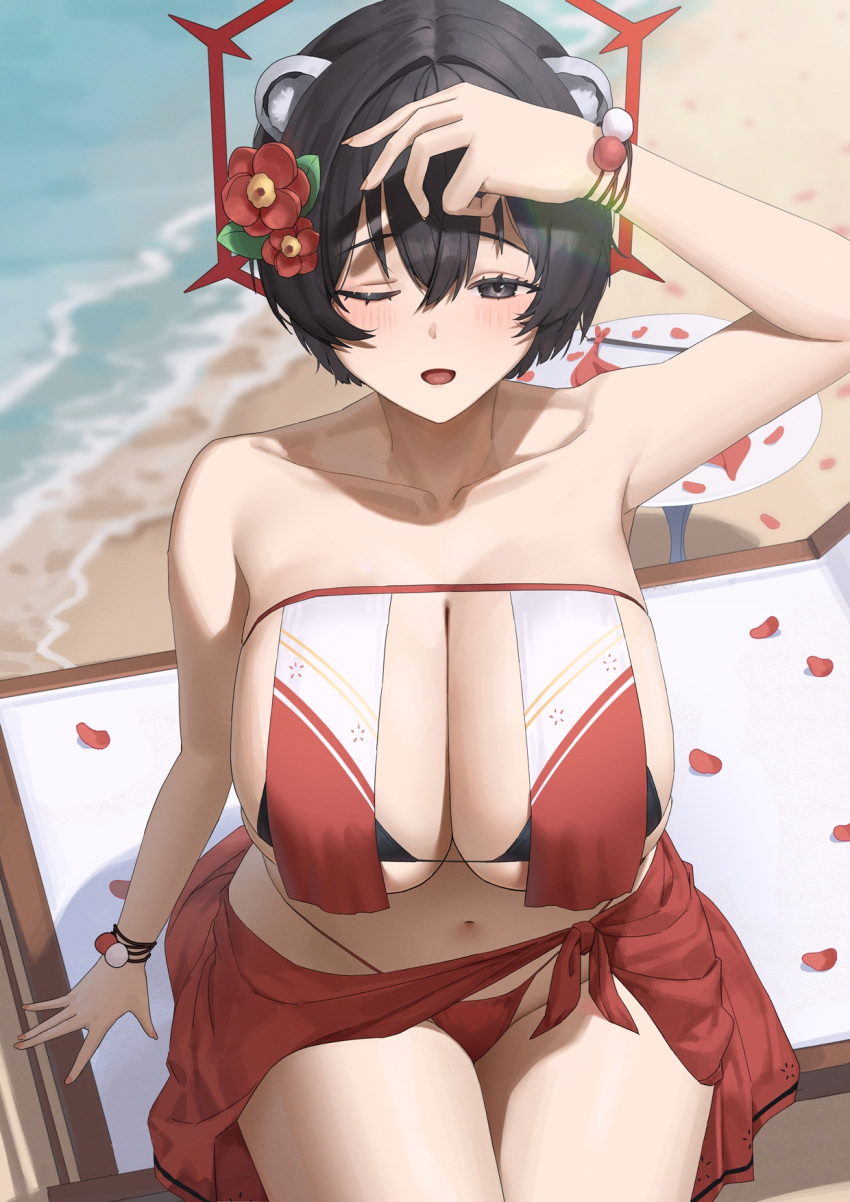 alternate_costume animal_ears arm_up beach bikini black_bikini black_eyes black_hair blue_archive blush breast_curtains breasts cleavage collarbone commentary_request female hair_between_eyes hair_ornament halo highres large_breasts navel ocean open_mouth outdoors raccoon_ears raccoon_girl red_bikini red_halo red_sarong sarong sitting skindentation swimsuit tachibana-san tsubaki_(blue_archive)