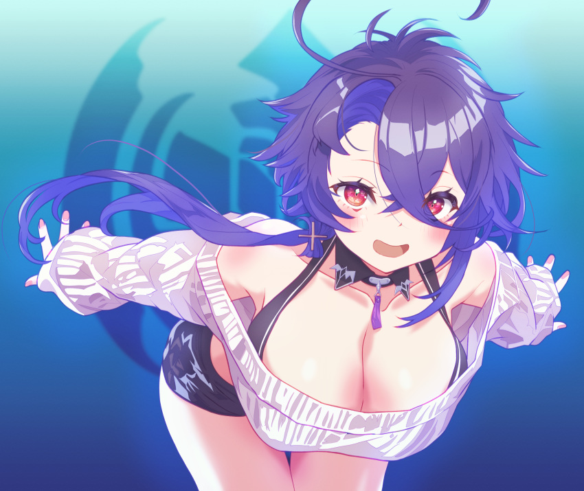 ahoge aqua_background arbiter1 azur_lane black_shorts blue_background blue_hair breasts cleavage colored_inner_hair detached_collar female foch_(azur_lane) foch_(rainbow_rendezvous)_(azur_lane) gradient_background hair_between_eyes hanging_breasts highres large_breasts long_hair long_sleeves multicolored_hair off-shoulder_shirt off-shoulder_sweater off_shoulder official_alternate_costume open_mouth purple_hair red_eyes shirt shorts smile sweater