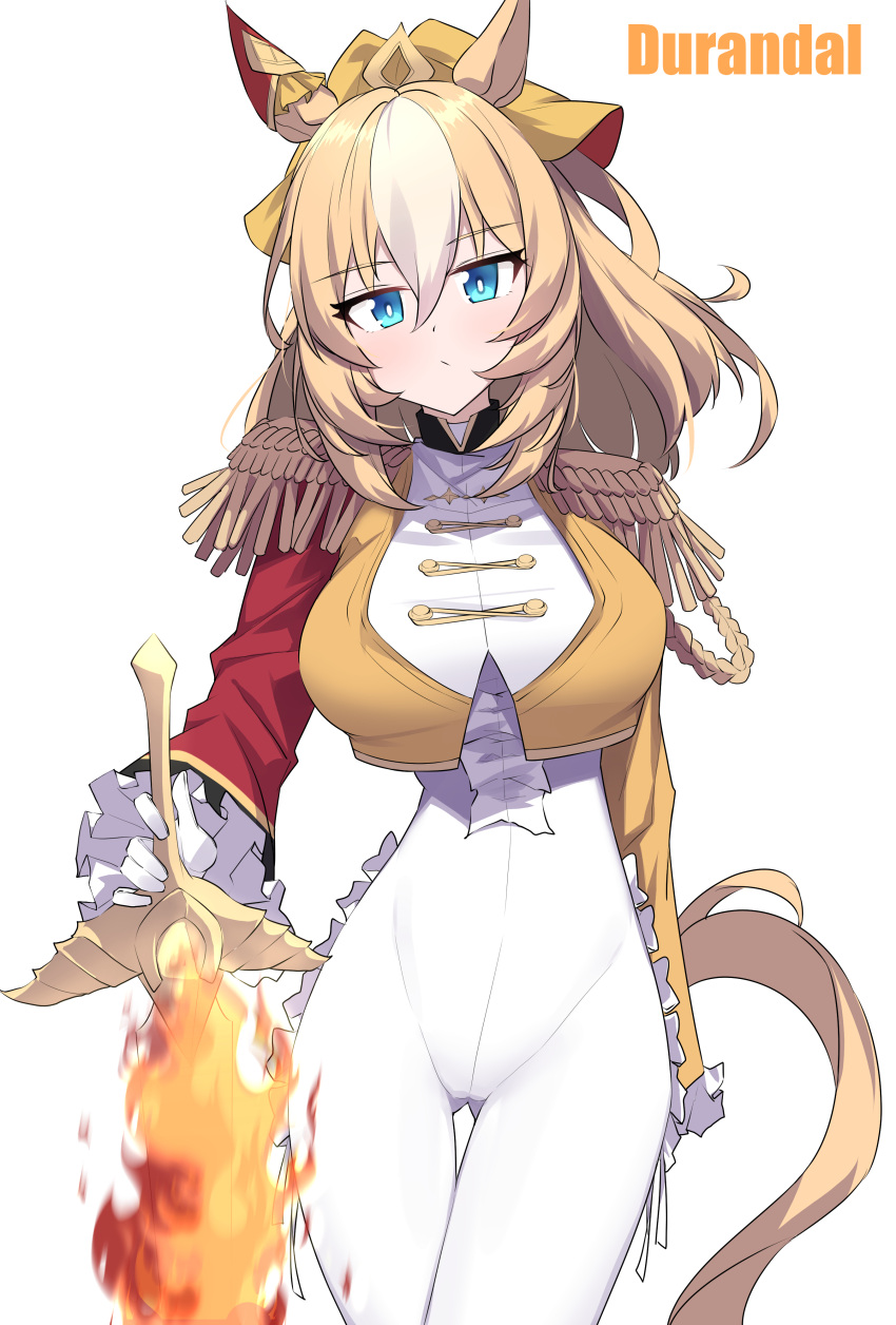 absurdres animal_ears ass_visible_through_thighs blonde_hair blue_eyes bodysuit breasts closed_mouth commentary_request durandal_(umamusume) ear_covers epaulettes female flaming_weapon gloves hair_between_eyes highres horse_ears horse_girl horse_tail large_breasts looking_at_viewer multicolored_hair ponytail simple_background single_ear_cover smile solo tail two-tone_hair umamusume white_background white_bodysuit white_gloves white_hair yorozuya_(yoroz_ryobi)