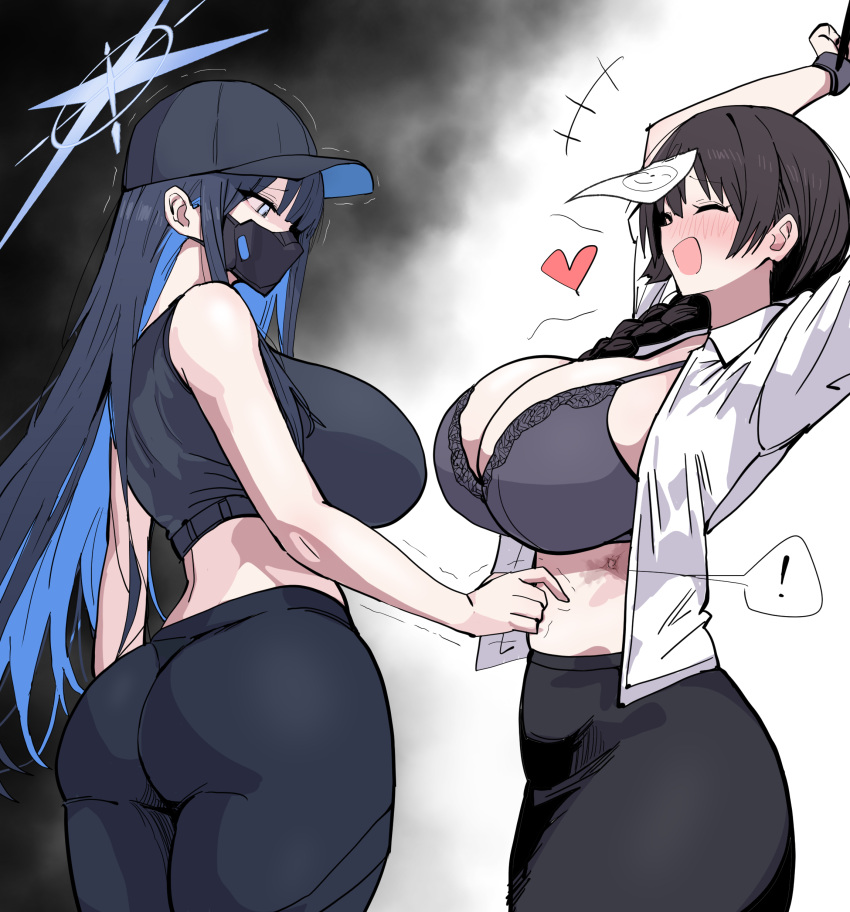 ! 2girls absurdres arms_up ass baseball_cap black_hair black_hat black_mask blue_archive blue_eyes blue_hair blue_halo blush bound bound_wrists bra braid breasts chains cleavage colored_inner_hair cuffs doodle_sensei_(blue_archive) female_sensei_(blue_archive) grey_bra gunshot_wound halo hat heart highres huge_breasts long_hair mask mouth_mask multicolored_hair multiple_girls open_clothes open_mouth open_shirt pants paper_on_head saori_(blue_archive) scar sensei_(blue_archive) shirt single_braid sleeveless sleeveless_shirt smile spoken_exclamation_mark tight_clothes tight_pants two-tone_hair unbuttoned unbuttoned_shirt underwear white_shirt xipa