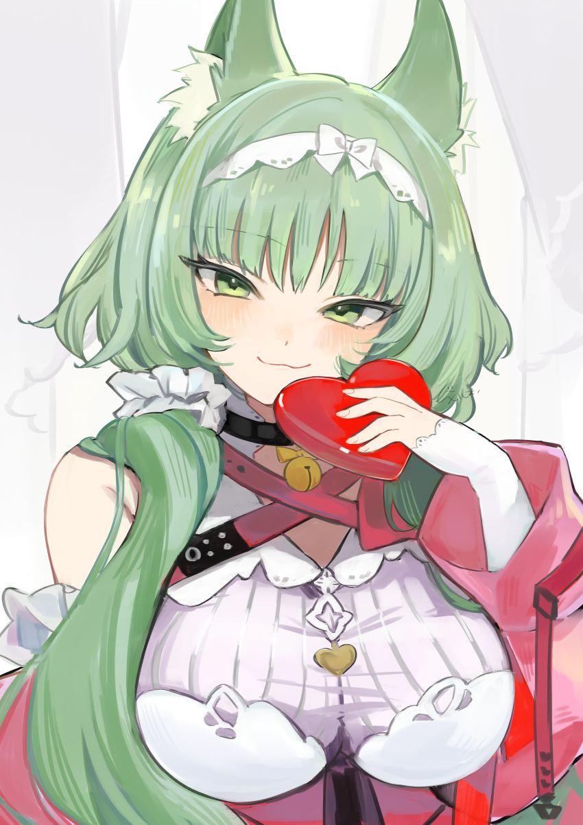 :3 absurdres animal_ear_fluff animal_ears arknights bell box box_of_chocolates breasts commentary female green_eyes green_hair harmonie_(arknights) harmonie_(decoration)_(arknights) heart-shaped_box highres holding holding_box jacket k-yosinori large_breasts long_hair looking_at_viewer neck_bell official_alternate_costume pink_jacket shirt simple_background single_bare_shoulder smile solo upper_body white_background white_shirt