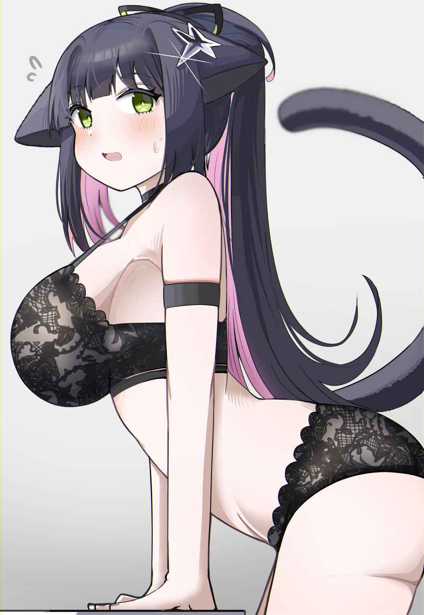 :d absurdres animal_ears arknights arm_support bare_shoulders black_bra black_hair black_panties black_ribbon blush bra breasts cat_ears cat_girl cat_tail commentary_request female flying_sweatdrops from_side green_eyes grey_background hair_ribbon highres jessica_(arknights) jessica_the_liberated_(arknights) large_breasts long_hair looking_at_viewer looking_to_the_side multicolored_hair panties pink_hair ribbon simple_background smile solo spam_(spamham4506) tail two-tone_hair underwear very_long_hair