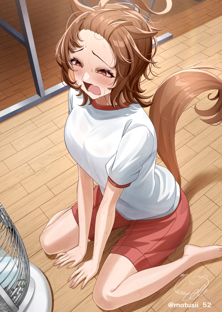 agnes_tachyon_(umamusume) ahoge animal_ears barefoot breasts brown_hair commentary_request electric_fan female highres horse_ears horse_girl horse_tail medium_breasts messy_hair motsushi on_ground open_mouth red_eyes shirt short_hair signature sitting solo tail twitter_username umamusume wariza white_shirt wooden_floor