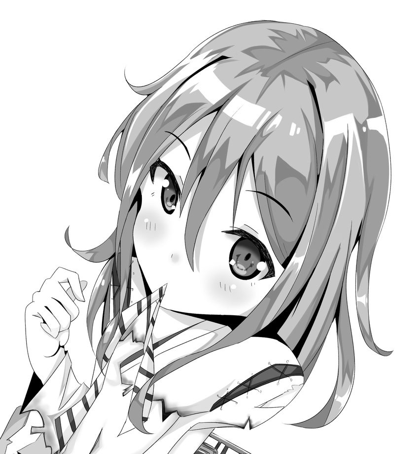 alternate_hairstyle bad_id bad_pixiv_id female greyscale hair_down highres japanese_clothes kanisaka_shizuku kantai_collection long_hair looking_at_viewer monochrome mouth_hold ribbon ribbon_in_mouth solo zuihou_(kancolle)