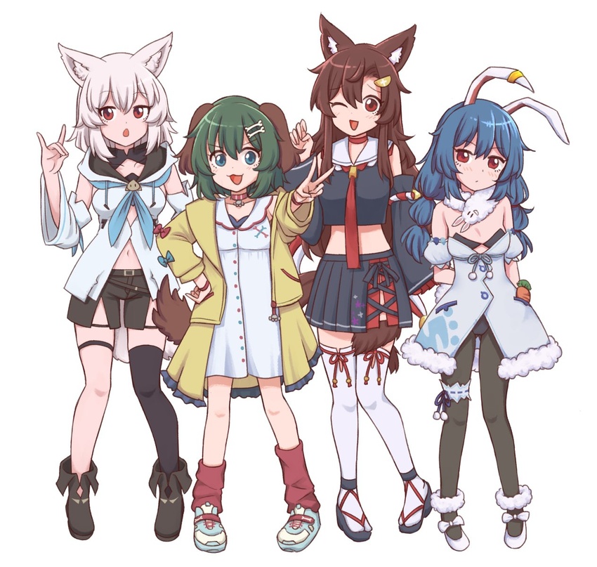 4girls animal_ears ankle_garter arms_behind_back black_bra black_pantyhose black_shirt black_shorts black_skirt black_thighhighs blue_eyes blue_hair bow bra bridal_garter brown_hair carrot coat coat_dress cosplay detached_sleeves dog_ears dog_girl dog_tail don-chan_(usada_pekora) dress earclip footwear_bow fox_ears fox_shadow_puppet full_body fur-trimmed_coat fur_scarf fur_trim green_hair highres hololive hood hoodie imaizumi_kagerou inubashiri_momiji inugami_korone inugami_korone_(1st_costume) inugami_korone_(cosplay) kasodani_kyouko looking_at_viewer multiple_girls ookami_mio ookami_mio_(1st_costume) ookami_mio_(cosplay) pantyhose puffy_detached_sleeves puffy_short_sleeves puffy_sleeves rabbit_ears red_eyes scarf seiran_(touhou) shirakami_fubuki shirakami_fubuki_(1st_costume) shirakami_fubuki_(cosplay) shirt short_dress short_sleeves shorts single_thighhigh skirt smile tail thigh_strap thighhighs touhou underwear usada_pekora usada_pekora_(1st_costume) usada_pekora_(cosplay) virtual_youtuber white_background white_bow white_coat white_dress white_footwear white_hair white_hoodie white_scarf white_sleeves wolf_ears wolf_girl wolf_tail wool_(miwol)