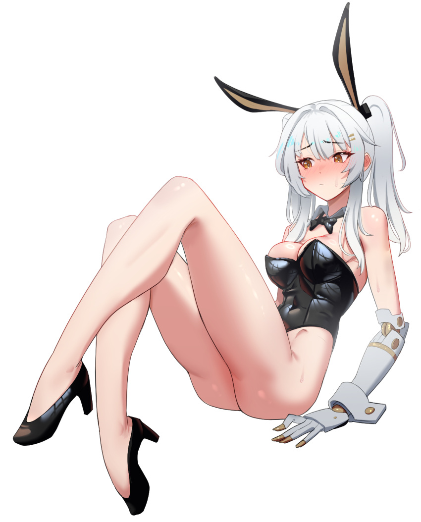 animal_ears bare_arms bare_legs black_bow black_bowtie black_footwear black_leotard blush bow bowtie breasts cleavage commentary detached_collar english_commentary fake_animal_ears female grey_hair hair_ornament hairclip high_heels highres hungr_(nyanom) joints karenina:_scire_(punishing:_gray_raven) karenina_(punishing:_gray_raven) large_breasts leotard mechanical_arms orange_eyes playboy_bunny punishing:_gray_raven rabbit_ears robot_joints sidelocks solo strapless strapless_leotard sweatdrop twintails white_background wing_collar