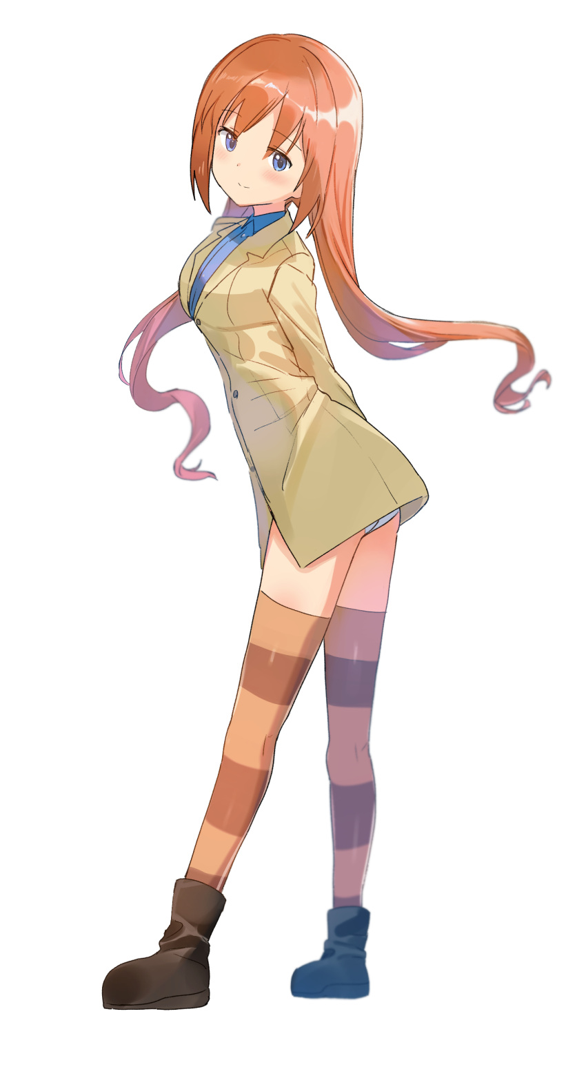 absurdres arms_behind_back blue_eyes blue_shirt blush boots closed_mouth collared_shirt dress_shirt female floating_hair highres leaning_forward long_hair long_sleeves looking_at_viewer low_twintails mejina orange_hair parted_bangs patricia_schade shirt simple_background smile solo strike_witches:_kurenai_no_majo-tachi striped_clothes striped_thighhighs thighhighs thighs twintails white_background world_witches_series