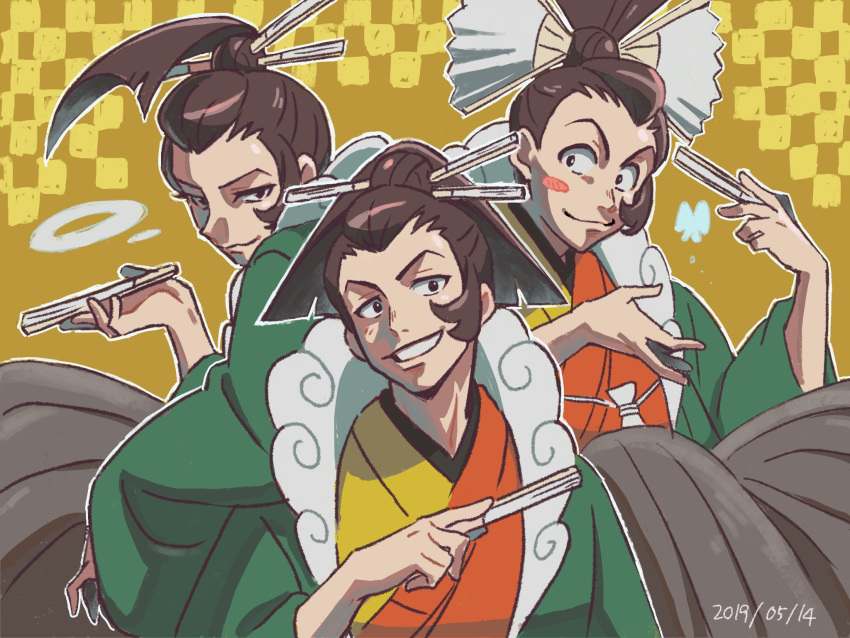 3boys :3 androgynous black_eyes black_hakama blush blush_stickers brown_hair bug butterfly checkered_background closed_mouth commentary_request dated folding_fan grin gyakuten_saiban hair_bun hair_ornament hair_stick hakama hakama_skirt half-closed_eyes hand_fan hand_up hands_up haori happy high_ponytail highres holding holding_fan japanese_clothes kimono long_sleeves looking_at_viewer male_focus multicolored_clothes multicolored_kimono multiple_boys multiple_persona outline phoenix_wright:_ace_attorney_-_spirit_of_justice short_hair sidelocks simple_background single_hair_bun skirt smile smoke_ring standing teeth tiduco uendo_toneido upper_body white_outline wide_sleeves yellow_background