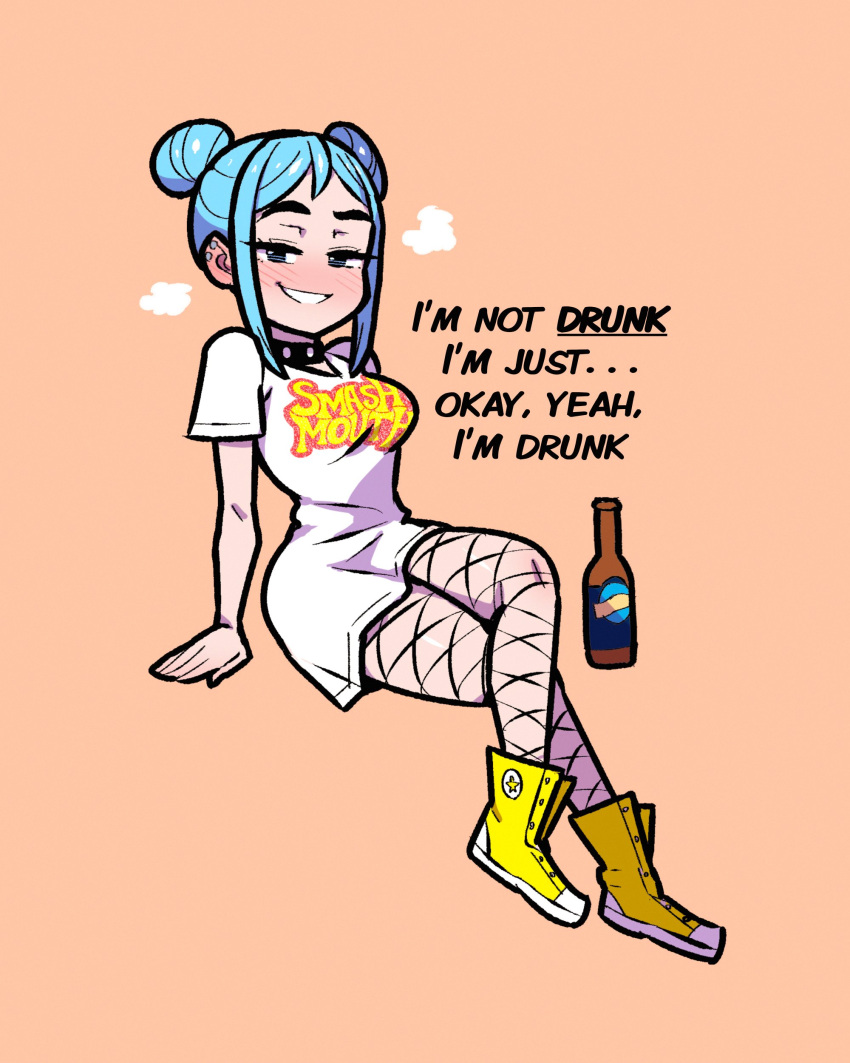 absurdres akairiot band_shirt beer_bottle blue_eyes blue_hair blush breasts breath chibi commentary crossed_legs double_bun drunk ear_piercing english_text female fishnet_thighhighs fishnets full_body grin hair_bun high_tops highres invisible_chair iru_may_(akairiot) light_blush looking_at_viewer medium_breasts merchandise naughty_face orange_background original piercing shirt shoes short_sleeves sidelocks simple_background sitting smash_mouth smile sneakers solo studded_choker symbol-only_commentary thighhighs white_shirt