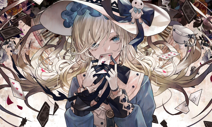 alice_(arcaea) arcaea black_bow black_bowtie blonde_hair blue_bow blue_eyes bow bowtie card chess_piece commentary cup female gloves hair_over_one_eye hands_up hat hat_bow hat_ornament heart highres holding holding_card king_(chess) knight_(chess) long_hair long_sleeves pawn_(chess) playing_card solo sun_hat teacup tsubaki_(yi) upper_body white_gloves white_hat wilted_flower