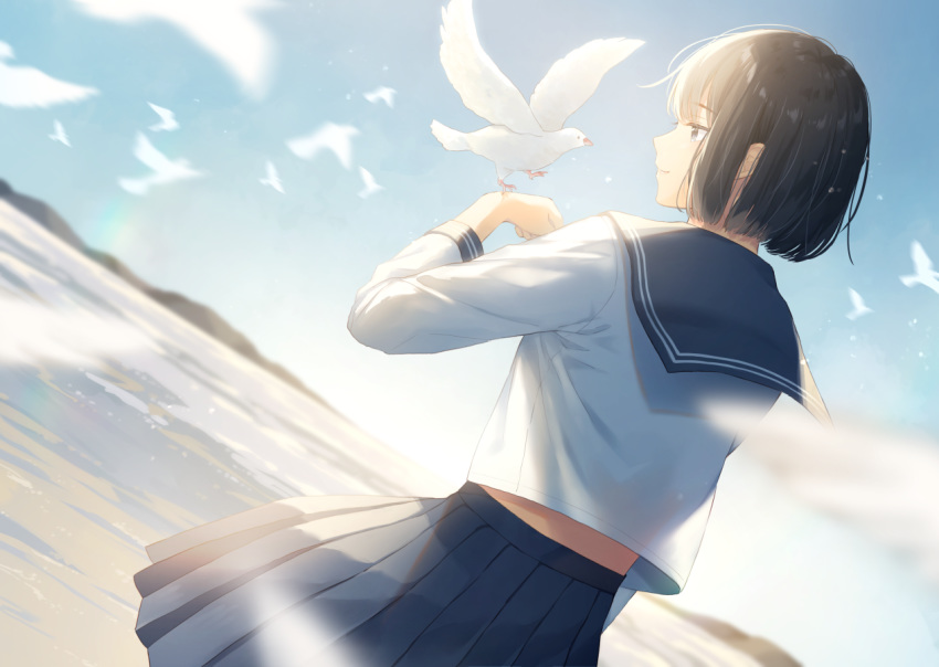 animal_on_hand bird bird_on_hand black_hair blue_eyes blue_sailor_collar blue_skirt blue_sky closed_mouth commentary_request dutch_angle female from_behind hand_up horizon long_sleeves looking_away looking_to_the_side midriff_peek noda_shuha original outdoors pleated_skirt sailor_collar school_uniform serafuku shirt short_hair skirt sky smile solo sunrise white_shirt