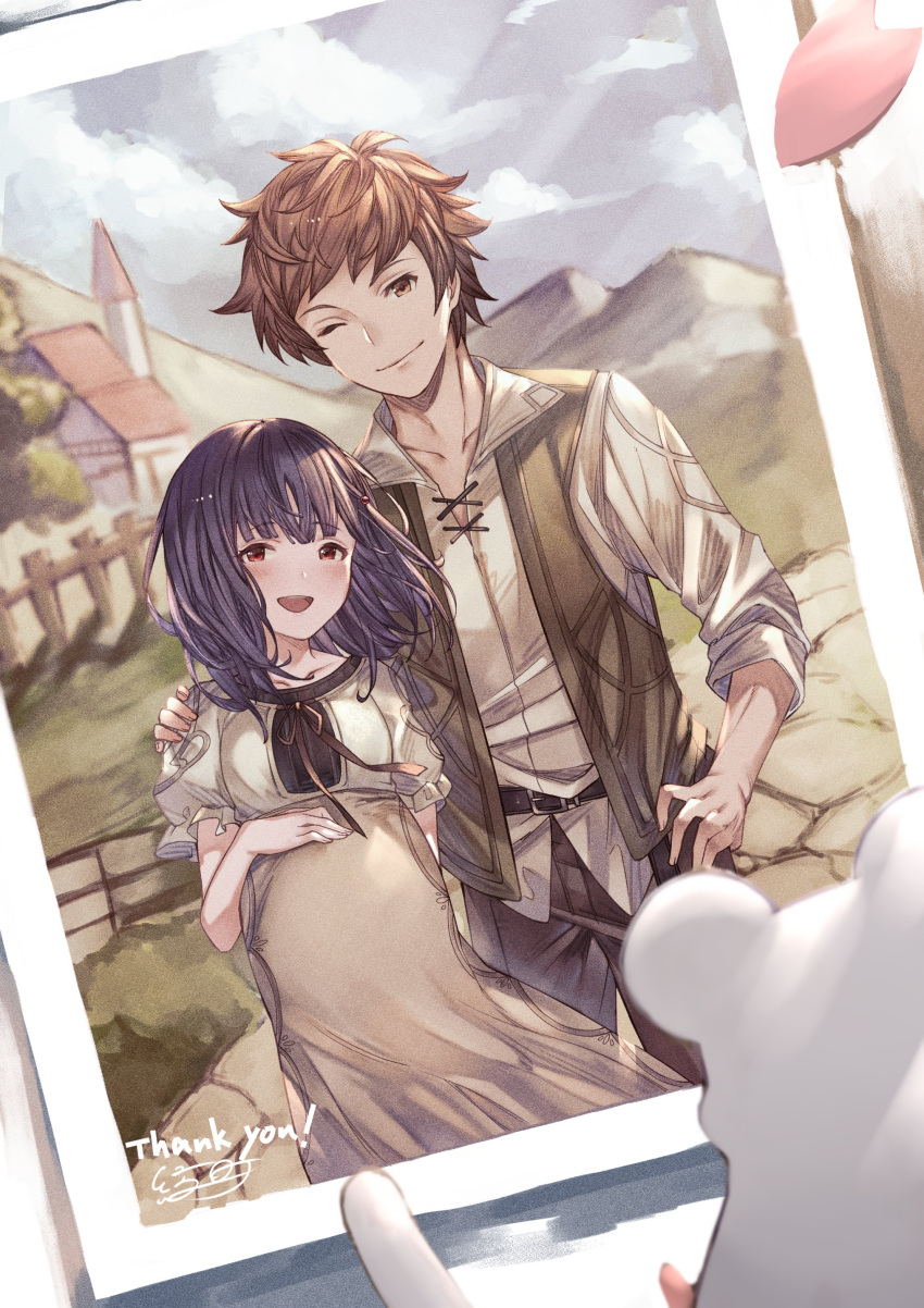 1boy absurdres ayacho belt black_hair brown_eyes brown_hair couple female gran_(granblue_fantasy) granblue_fantasy granblue_fantasy_(style) hand_on_another's_shoulder highres house mountain mouse_(animal) one_eye_closed photo_(object) pregnant red_eyes smile straight thank_you vest vikala_(granblue_fantasy)