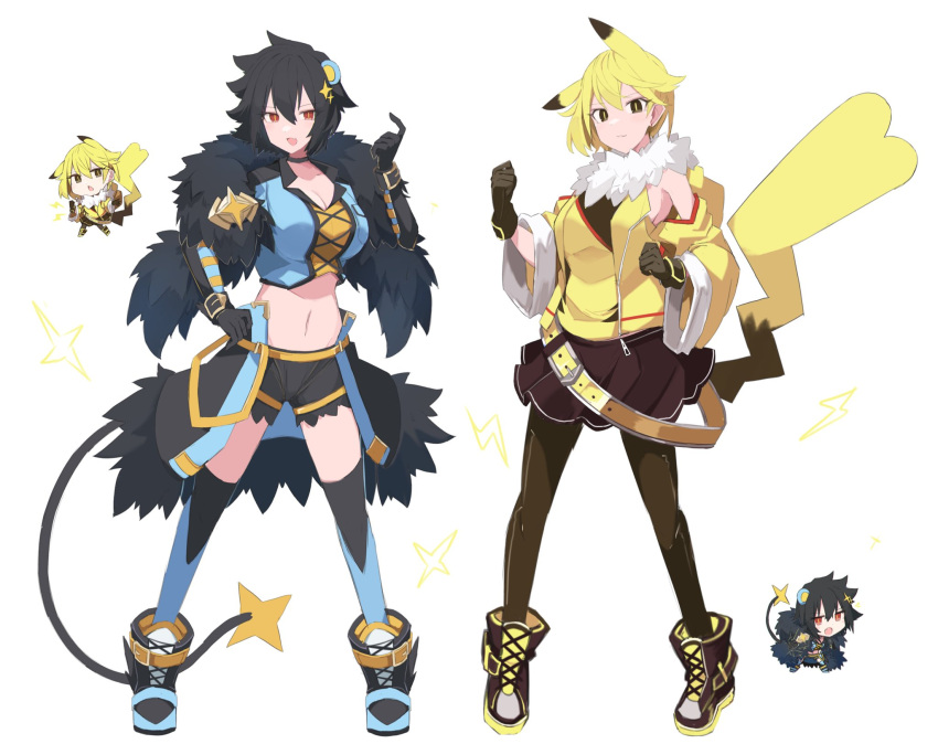 2girls animal_ears black_eyes black_gloves black_hair black_pantyhose black_shorts blonde_hair blue_footwear boots breasts choker cleavage collarbone gloves highres large_breasts luxray multiple_girls navel oerba_yun_fang pantyhose personification pikachu pokemon red_eyes sakuragi_raia short_hair shorts simple_background tail thighhighs unzipped white_background zipper zipper_pull_tab