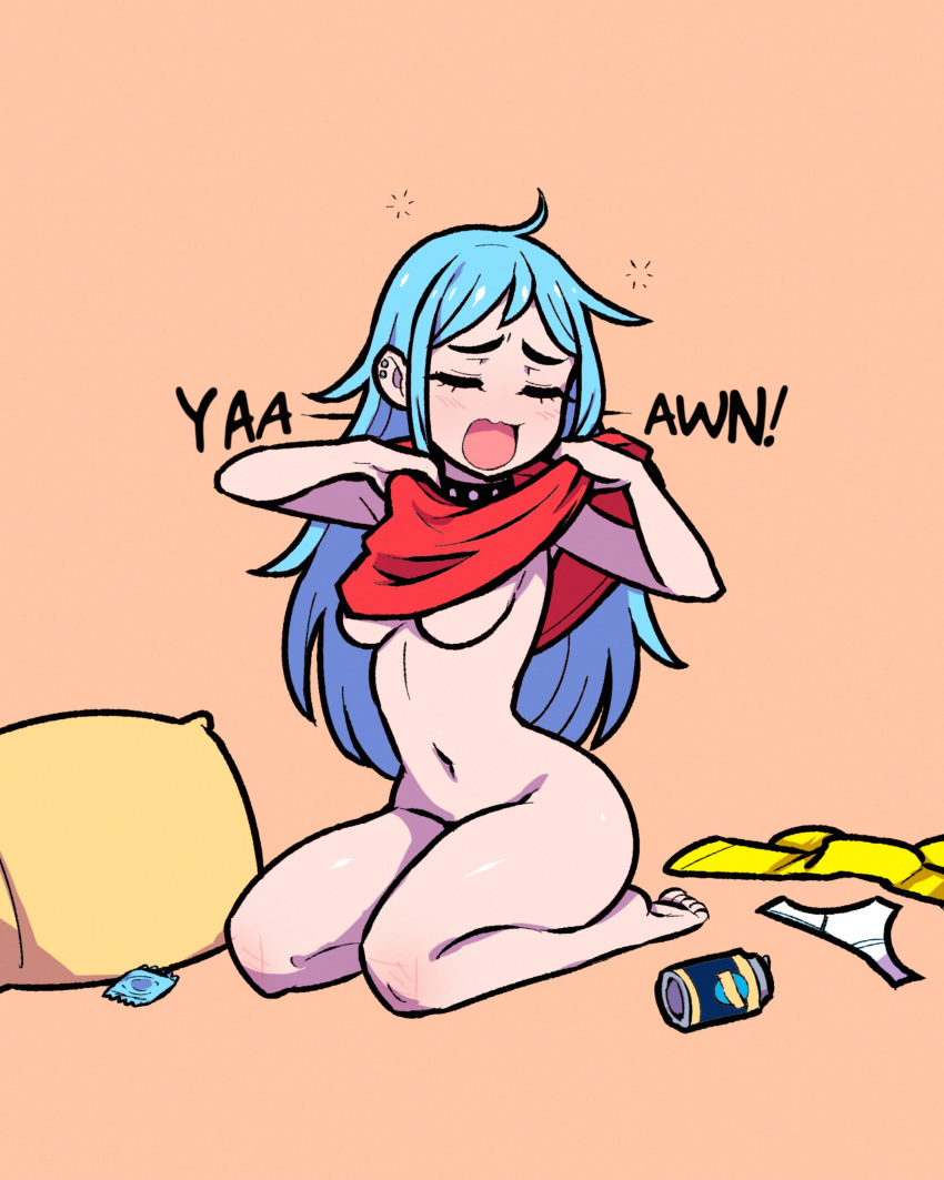 absurdres akairiot blue_hair bottomless breasts chibi closed_eyes clothes_lift commentary condom english_text female full_body highres iru_may_(akairiot) long_hair medium_breasts navel open_mouth orange_background original panties pillow red_shirt seiza shirt shirt_lift sidelocks simple_background sitting solo squeans studded_choker symbol-only_commentary thighhighs underboob underwear undressing unworn_panties unworn_thighhighs wavy_mouth yawning yellow_thighhighs