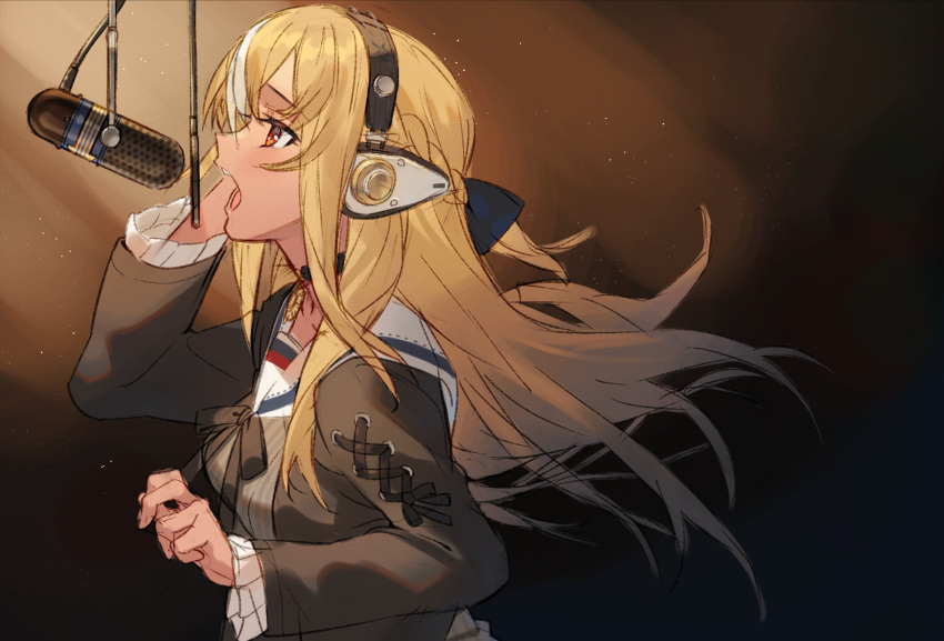 black_jacket black_ribbon blonde_hair bow breasts dark-skinned_female dark_skin female floating_hair frilled_sleeves frills from_side grey_shirt hair_between_eyes hairbow headphones highres hololive jacket joker_(tomakin524) long_hair long_sleeves looking_up medium_breasts microphone microphone_stand multicolored_hair music neck_ribbon official_alternate_hairstyle open_mouth pop_filter profile recording_studio red_eyes ribbon sailor_collar shiranui_flare shiranui_flare_(street) shirt sidelocks singing solo streaked_hair striped two-tone_hair upper_body vertical_stripes virtual_youtuber white_hair