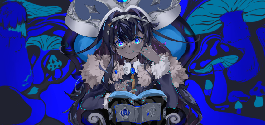 absurdres black_hair blue_background blue_eyes blue_hair book brooch coat commentary_request female fur-trimmed_coat fur-trimmed_sleeves fur_trim hat highres hololive hololive_china jewelry king_(vocaloid) long_hair long_sleeves looking_at_viewer mianbao_yao_a_yao monocle mushroom official_art phoenix_crown rosalyn_(hololive) solo straight-on symbol-shaped_pupils variant_set virtual_youtuber