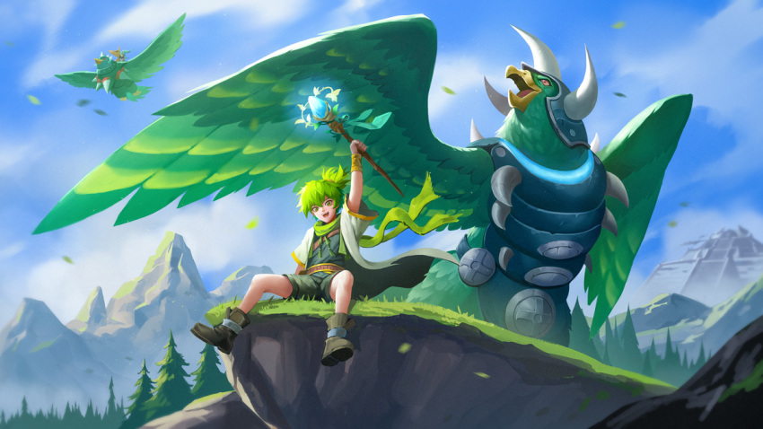 1boy arm_up armor armored_animal bird brown_footwear daigusto_falcos daigusto_gulldos duel_monster female flying forest glowing_staff green_eyes green_hair holding holding_staff horns kamui_hope_of_gusto mountainous_horizon nature open_clothes open_mouth outdoors pine_tree ponytail riding riding_bird scarf short_sleeves shorts sihai_(wsskdywe) sitting staff tree wind winda_(yu-gi-oh!) winda_priestess_of_gusto yu-gi-oh!