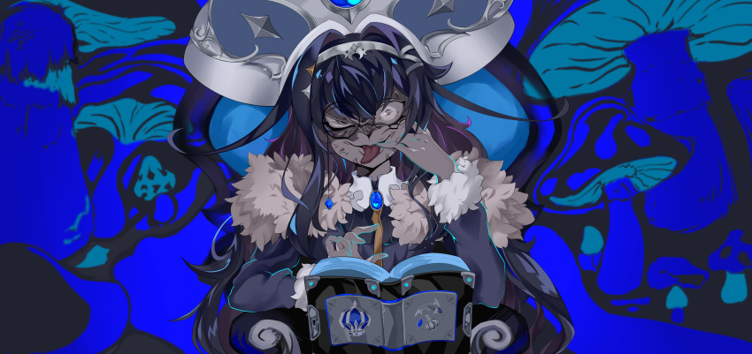 absurdres black_hair blue_background blue_hair book brooch coat commentary_request female fur-trimmed_coat fur-trimmed_sleeves fur_trim hat highres hololive hololive_china jewelry king_(vocaloid) long_hair long_sleeves looking_at_viewer mianbao_yao_a_yao monocle mushroom official_art phoenix_crown rosalyn_(hololive) solo straight-on variant_set virtual_youtuber