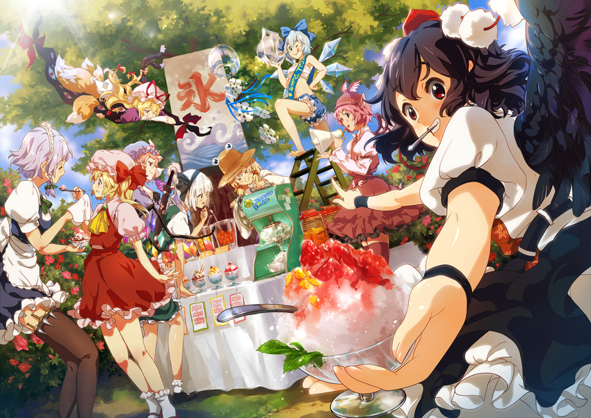 >_< 6+girls ;q black_hair black_thighhighs blonde_hair blue_eyes blue_hair bow braid chen cirno closed_eyes commentary_request dutch_angle elbow_gloves esha feeding flandre_scarlet food gap_(touhou) gloves grey_hair hairbow hat highres ice izayoi_sakuya japanese_clothes konpaku_youmu konpaku_youmu_(ghost) kooribata long_hair maid moriya_suwako multiple_girls mystia_lorelei napkin one_eye_closed pink_hair red_eyes saigyouji_yuyuko sarashi shameimaru_aya shaved_ice sheath short_hair side_ponytail smile speaker spoon sword syrup thighhighs tokin_hat tongue tongue_out touhou tree twin_braids weapon wind_chime wings yakumo_ran yakumo_yukari