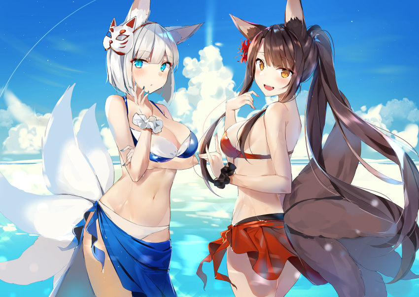 :o akagi_(azur_lane) alternate_costume animal_ears arm_under_breasts azur_lane bad_revision bangs bikini black_bikini_bottom black_hair black_scrunchie blue_eyes blue_sky blunt_bangs blush breast_hold breasts brown_hair cleavage cloud day downscaled_revision eyebrows_visible_through_hair fox_ears fox_mask fox_tail hair_between_eyes hand_on_own_arm hands_up kaga_(azur_lane) large_breasts light_rays long_hair looking_at_viewer looking_to_the_side mask mask_on_head md5_mismatch multiple_girls multiple_tails nail_polish navel ocean open_mouth outdoors red_bikini_top red_eyes sabet_(young_ouo) sarong scrunchie short_hair sidelocks sky smile stomach swimsuit tail water wet white_bikini white_hair white_scrunchie wrist_scrunchie