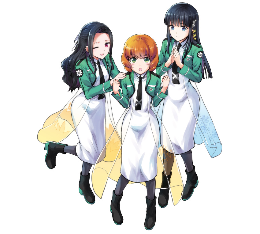 3girls :o ;d absurdres black_footwear black_hair black_legwear black_necktie blue_eyes blunt_bangs blush brown_hair commentary_request dress first_high_school_uniform from_above green_eyes hair_ornament hair_ribbon hand_on_another's_shoulder highres hime_cut long_hair looking_at_viewer mahouka_koukou_no_rettousei multiple_girls nakajou_azusa necktie one_eye_closed open_mouth pantyhose red_eyes ribbon saegusa_mayumi school_uniform see-through shiba_miyuki simple_background smile snowflake_hair_ornament standing standing_on_one_leg sweatdrop v-shaped_eyebrows white_background white_dress white_ribbon yuzuki_n_dash