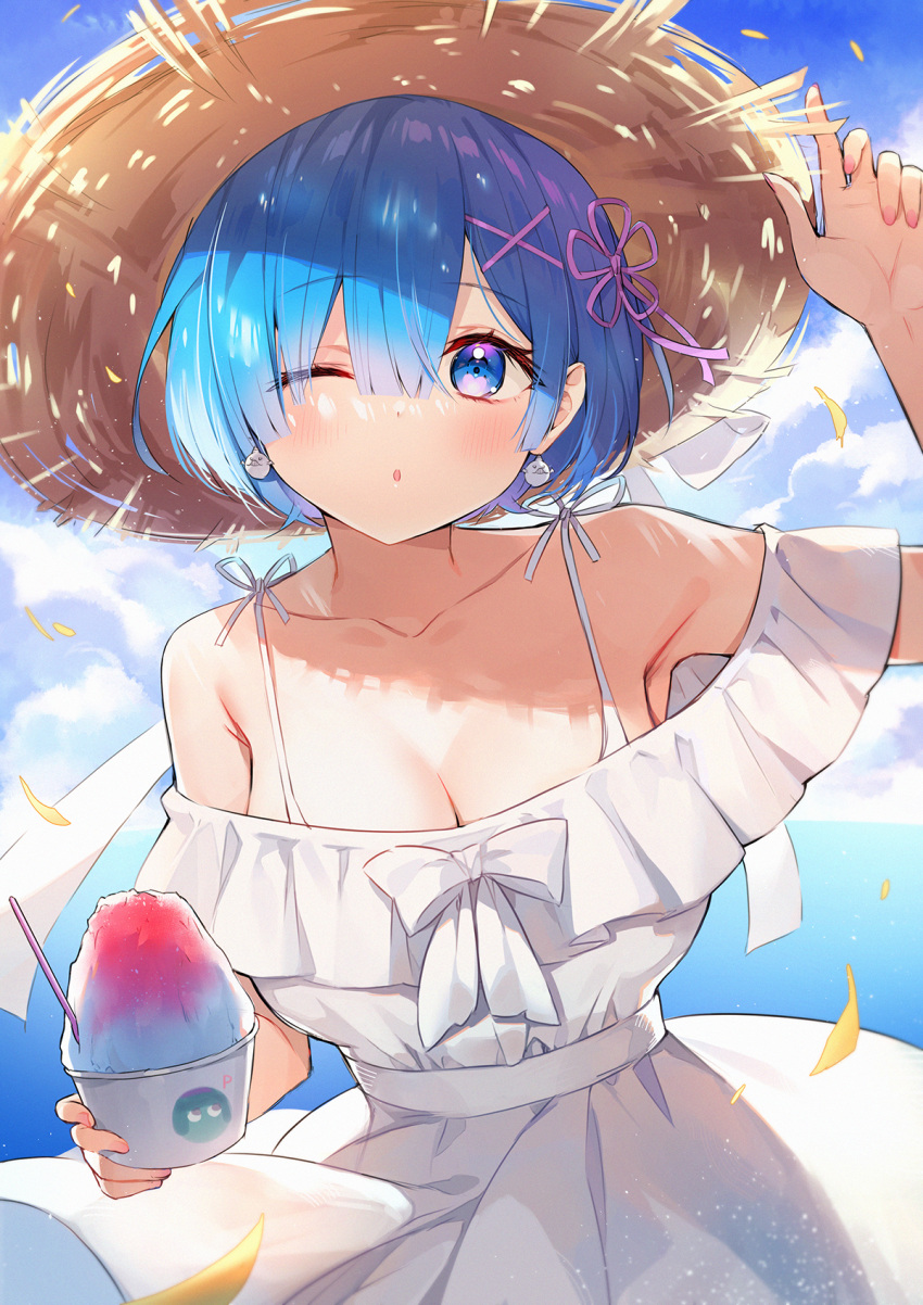 :o alternate_costume arm_up ayamy bare_shoulders blue_eyes blue_hair blush bow breasts character_print cleavage collarbone commentary_request day dress earrings female flower_knot food hair_ornament hair_over_one_eye hat highres holding horizon ice jewelry large_breasts looking_at_viewer ocean off-shoulder_dress off_shoulder one_eye_closed outdoors petals petelgeuse_romaneeconti re:zero_kara_hajimeru_isekai_seikatsu rem_(re:zero) ribbon short_hair smile solo straw_hat white_bow white_dress x_hair_ornament