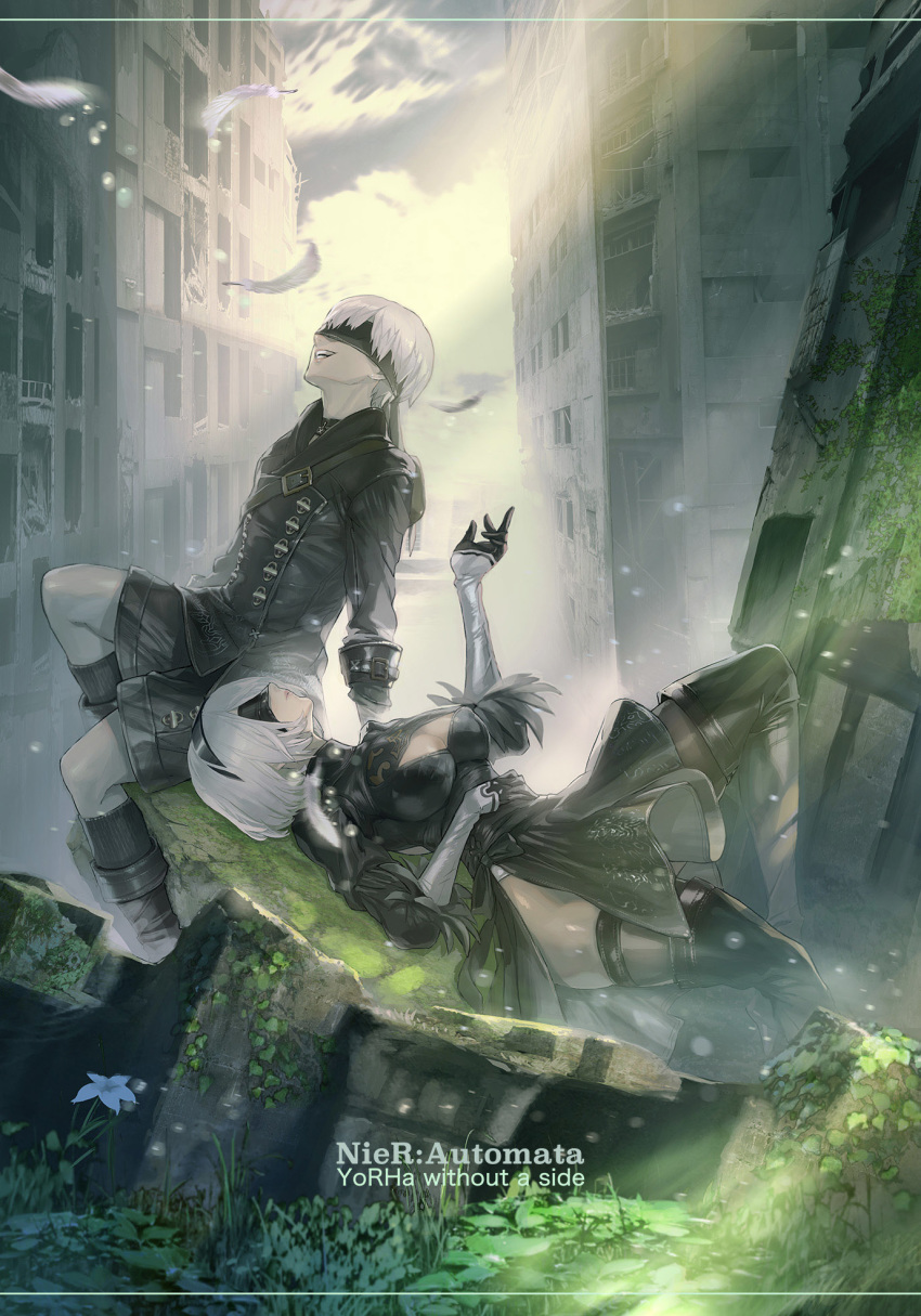 1boy 2b_(nier:automata) 9s_(nier:automata) black_blindfold black_footwear black_gloves black_hairband black_shorts black_thighhighs blindfold building closed_mouth cloud cloudy_sky feather_trim feathers female flower gloves hairband highres light_particles light_rays looking_up lying maeshima_shigeki moss multicolored_clothes nier:automata nier_(series) on_back open_mouth outdoors plant ruins short_hair shorts sitting sky smile socks teeth thighhighs white_flower white_gloves white_hair