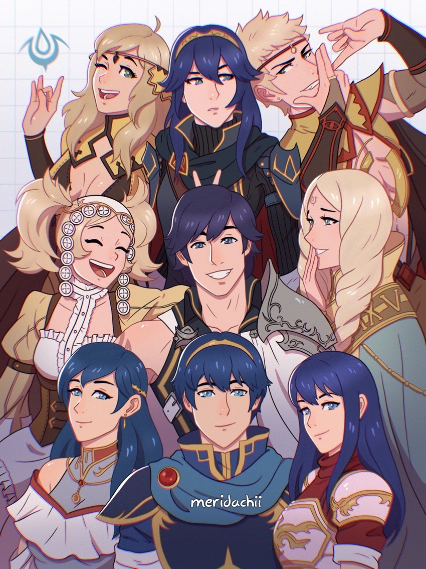 3boys 6+girls ahoge ancestor_and_descendant armor blonde_hair blue_eyes blue_hair brand_of_the_exalt breasts brother_and_sister bustier caeda_(fire_emblem) cape chrom_(fire_emblem) circlet cleavage cleavage_cutout cloak closed_eyes clothing_cutout crest elice_(fire_emblem) emmeryn_(fire_emblem) exposed_muscle family_crest family_portrait family_tree father_and_daughter fire_emblem fire_emblem:_mystery_of_the_emblem fire_emblem_awakening fire_emblem_fates fire_emblem_heroes grandmother_and_granddaughter graph_paper group_picture hand_gesture hand_over_face hands_up high_collar highres lissa_(fire_emblem) long_hair long_sleeves looking_at_another looking_at_viewer looking_to_the_side lucina_(fire_emblem) marth_(fire_emblem) meridachii mother_and_son multiple_boys multiple_girls odin_(fire_emblem) one_eye_closed open_mouth ophelia_(fire_emblem) pauldrons shoulder_armor siblings simple_background sisters smile twintails white_background