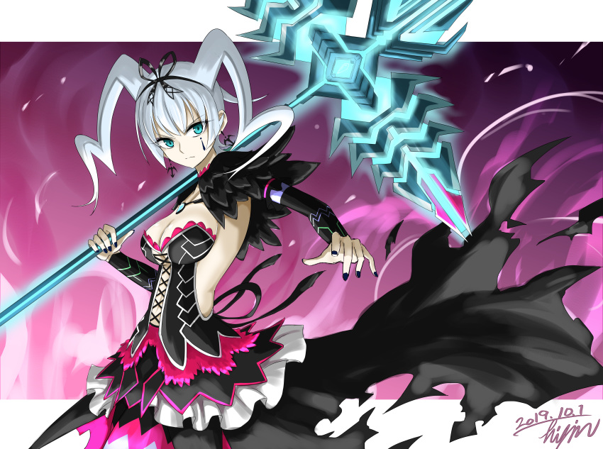 2019 absurdres black_nails blue_eyes bow breasts cleavage cowboy_shot dress female goth_fashion hairbow highres hisin holding holding_polearm holding_weapon impossible_clothes impossible_dress large_breasts long_sleeves pale_skin polearm signature solo spear twintails vale_(xenoblade) weapon white_hair xenoblade_chronicles_(series) xenoblade_chronicles_2