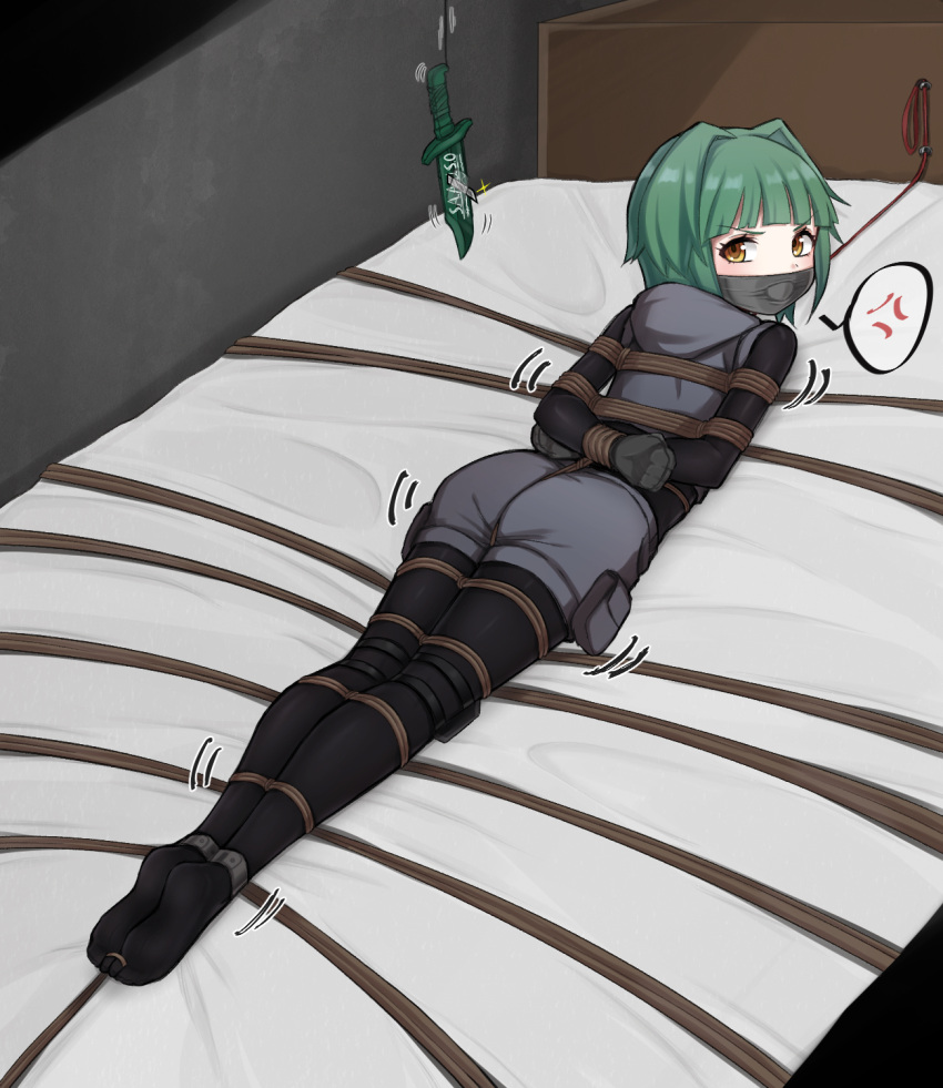 anger_vein ansatsu_kyoushitsu arms_behind_back ass bondage bondage bondage bondage_mittens bound bound_wrists brown_eyes commentary_request feet female gag gagged green_hair grey_shorts highres improvised_gag kayano_kaede knife leash legs mushi_(insect_3) pantyhose pantyhose_under_shorts pouch rope short_hair short_shorts shorts soles solo spoken_anger_vein tape tape_gag toes