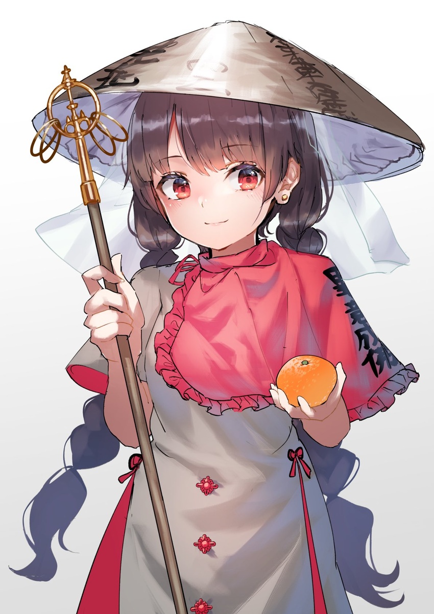 ajirogasa black_hair braid brown_hat capelet clothes_writing dress earrings female food frills fruit gradient_background grey_dress hat highres holding holding_food jewelry light_blush long_hair low_twintails mandarin_orange pyonsuke_(pyon2_mfg) red_eyes shakujou short_sleeves smile solo staff stud_earrings touhou twin_braids twintails yatadera_narumi