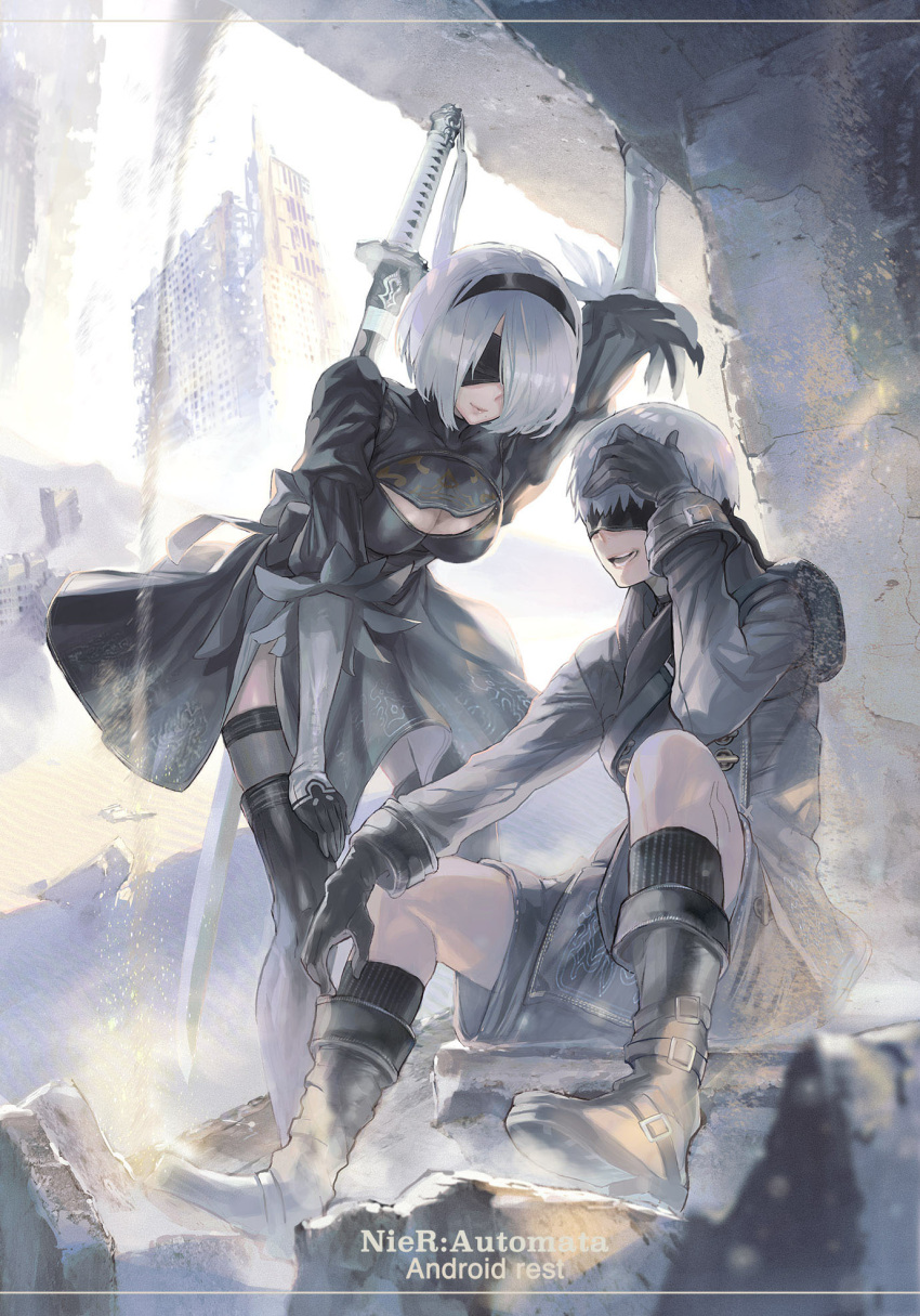 1boy 2b_(nier:automata) 9s_(nier:automata) arm_up black_blindfold black_footwear black_gloves black_hairband black_shorts black_thighhighs blindfold breasts building cleavage cleavage_cutout closed_mouth clothing_cutout crack english_text feather_trim female gloves hairband highres katana maeshima_shigeki mole mole_under_mouth nier:automata nier_(series) open_mouth puffy_sleeves rock rubble ruins sand short_hair shorts sitting smile socks standing sword teeth thighhighs weapon weapon_on_back white_hair